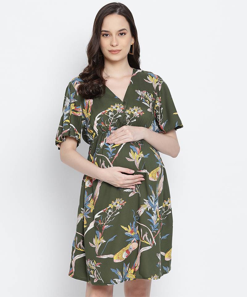 Emerland green printed maternity dress