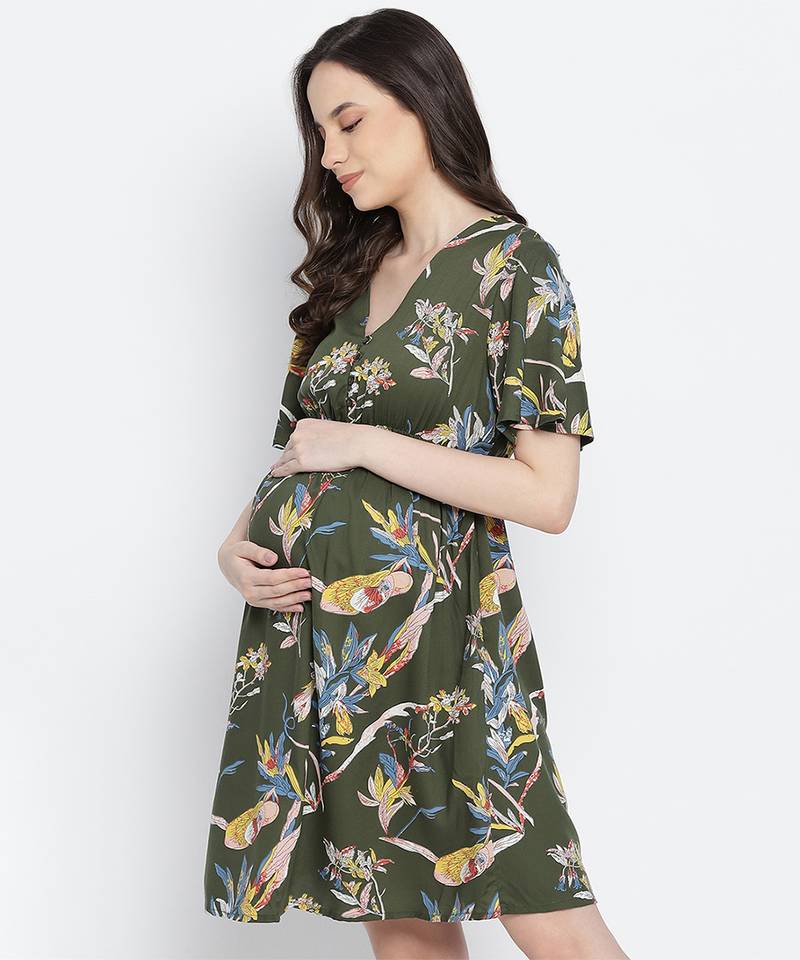 Emerland green printed maternity dress