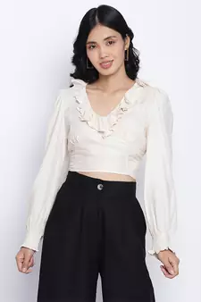 oatallic white frilled design women crop top