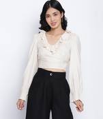 oatallic white frilled design women crop top