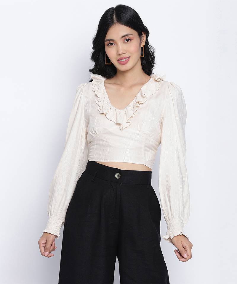 oatallic white frilled design women crop top