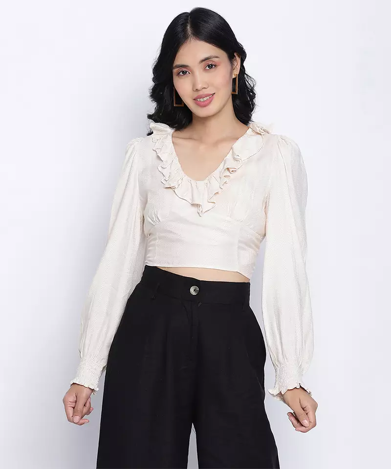 oatallic white frilled design women crop top