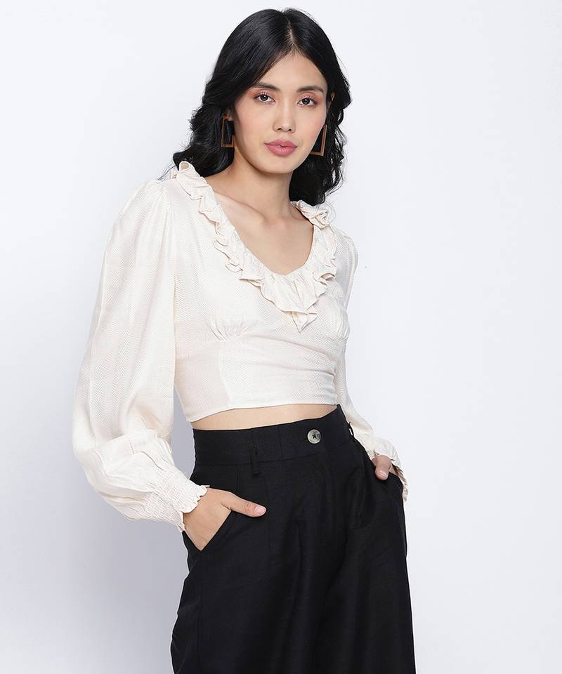 oatallic white frilled design women crop top