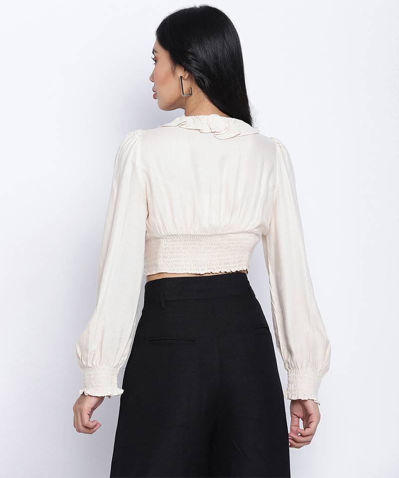 oatallic white frilled design women crop top