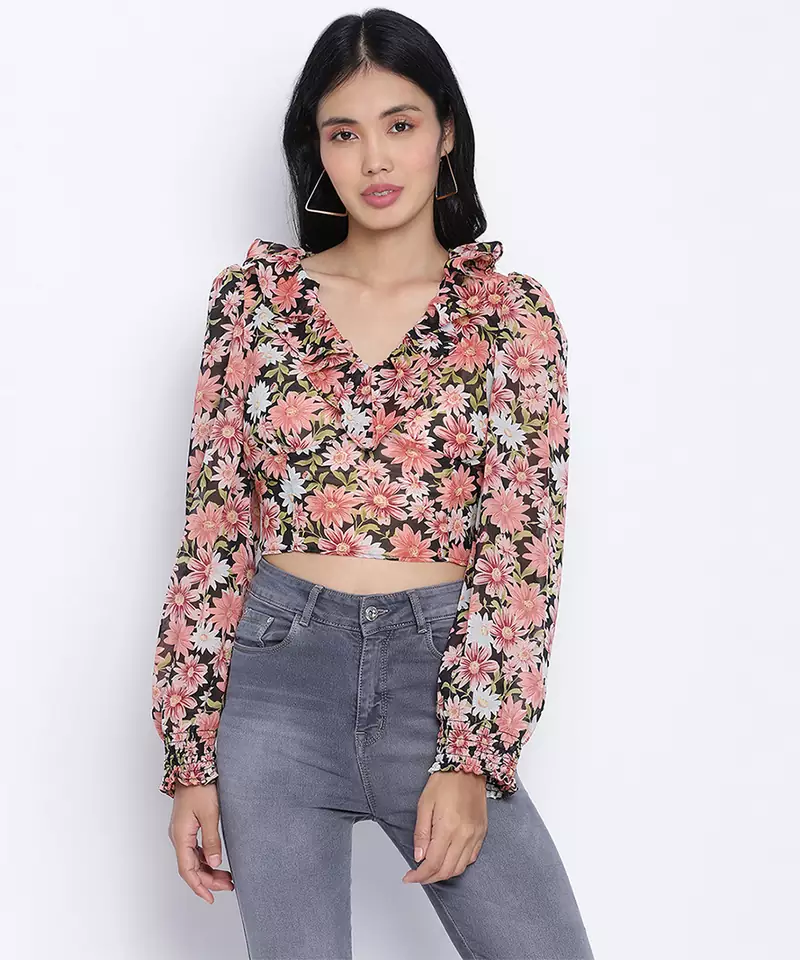 Flamingo muticolor frilled design women crop top.