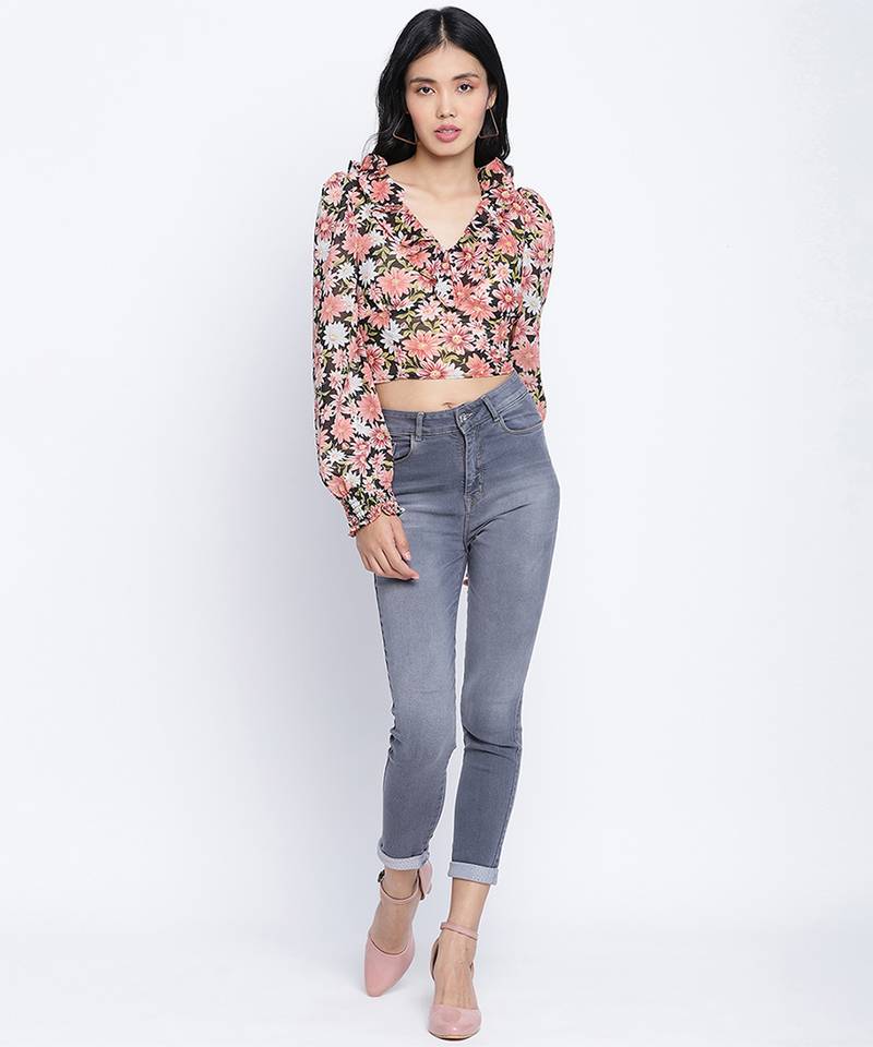 Flamingo muticolor frilled design women crop top.