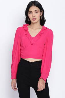 Poppy Pink frilled design women crop top