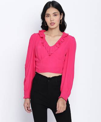 Poppy Pink frilled design women crop top 1