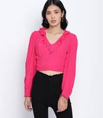 Poppy Pink frilled design women crop top