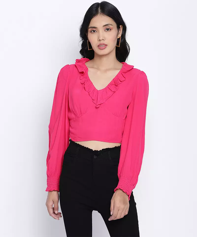 Poppy Pink frilled design women crop top
