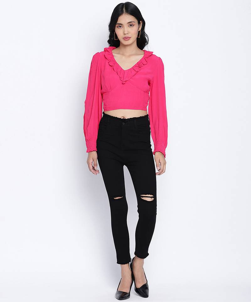 Poppy Pink frilled design women crop top