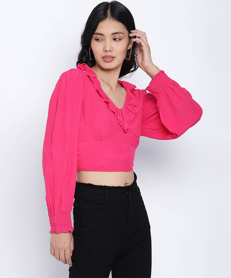 Poppy Pink frilled design women crop top