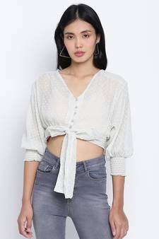 Bellzela Light green color women crop Smocked Details top