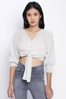 Bellzela Light green color women crop Smocked Details top