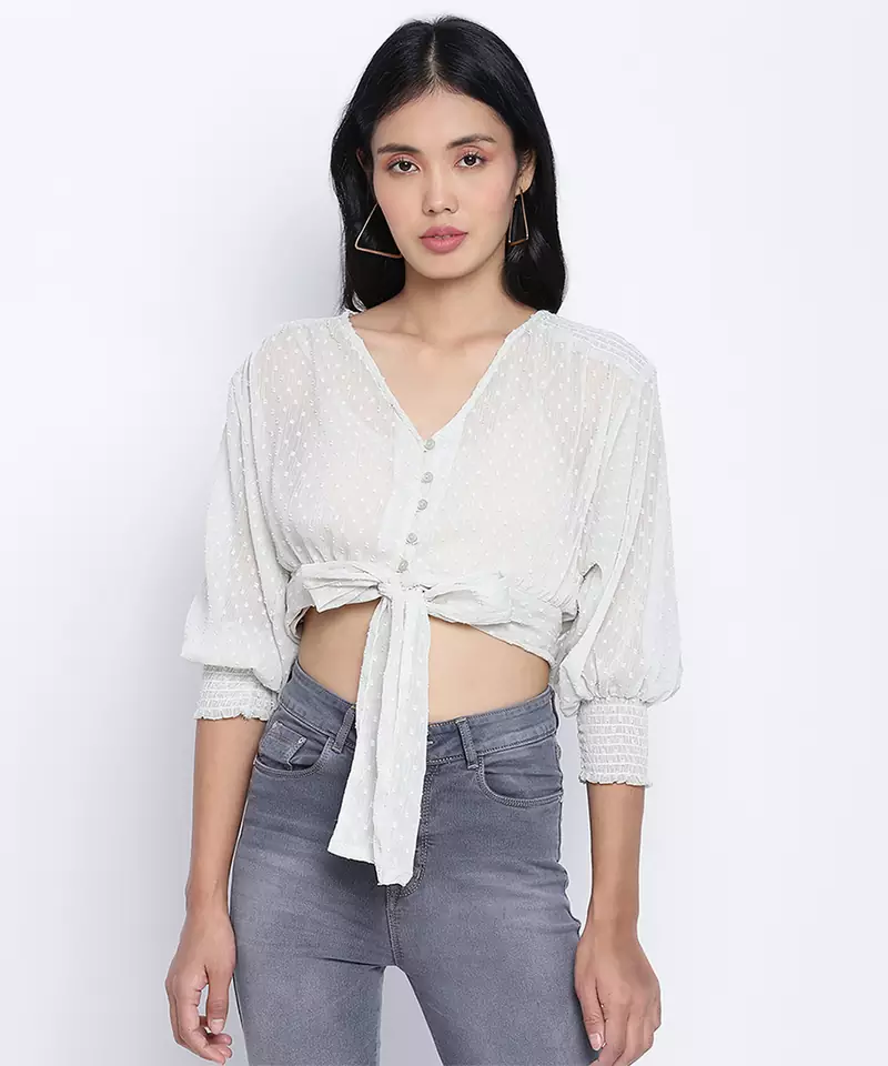 Bellzela Light green color women crop Smocked Details top
