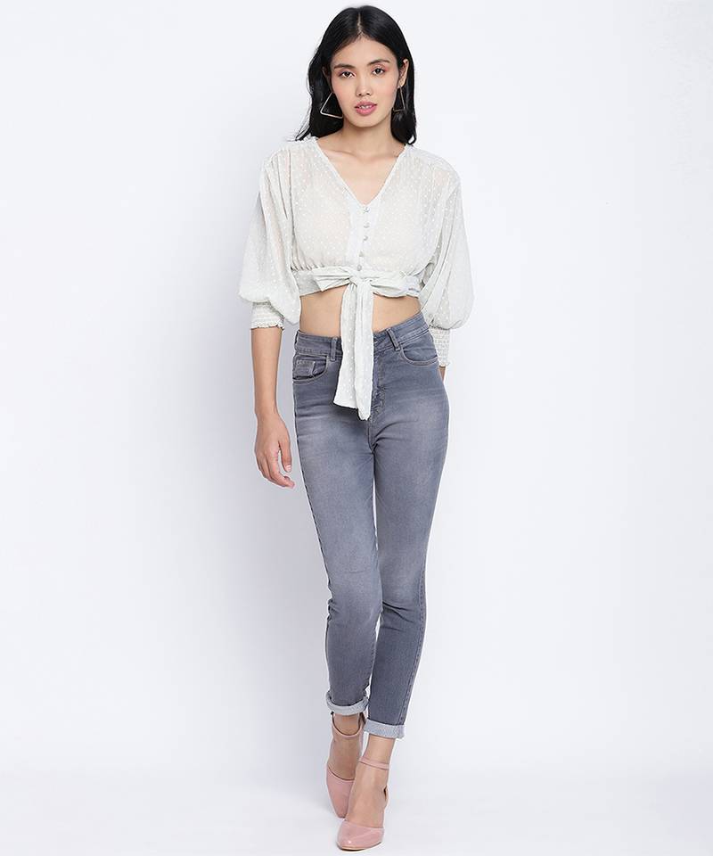 Bellzela Light green color women crop Smocked Details top