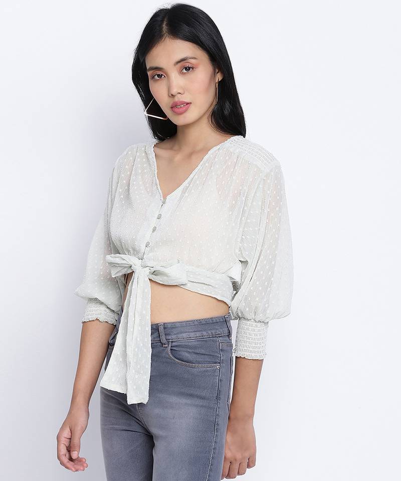 Bellzela Light green color women crop Smocked Details top