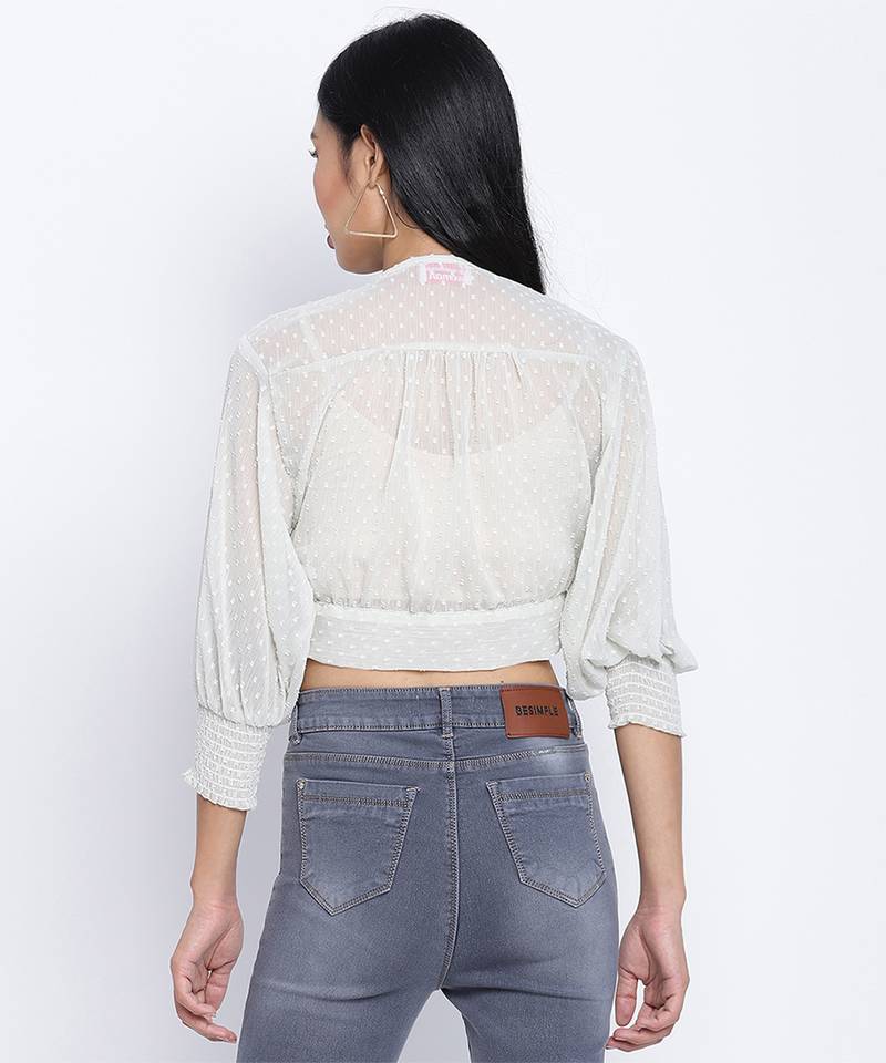 Bellzela Light green color women crop Smocked Details top