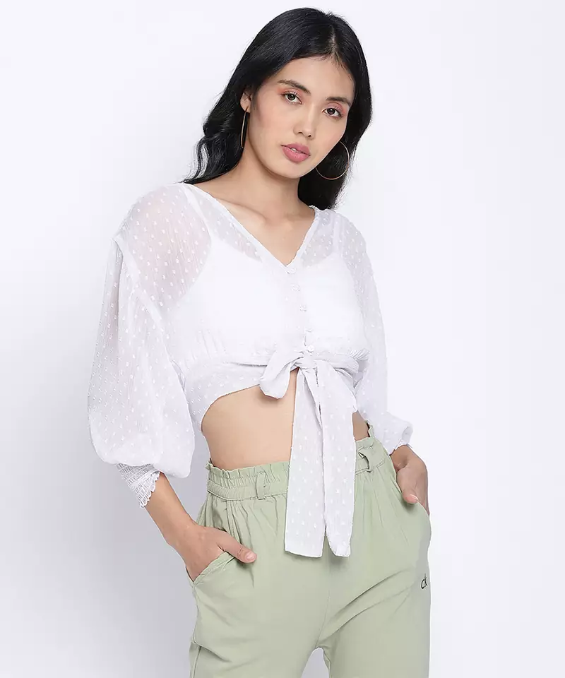Pesto fij white women smocked Tie crop top