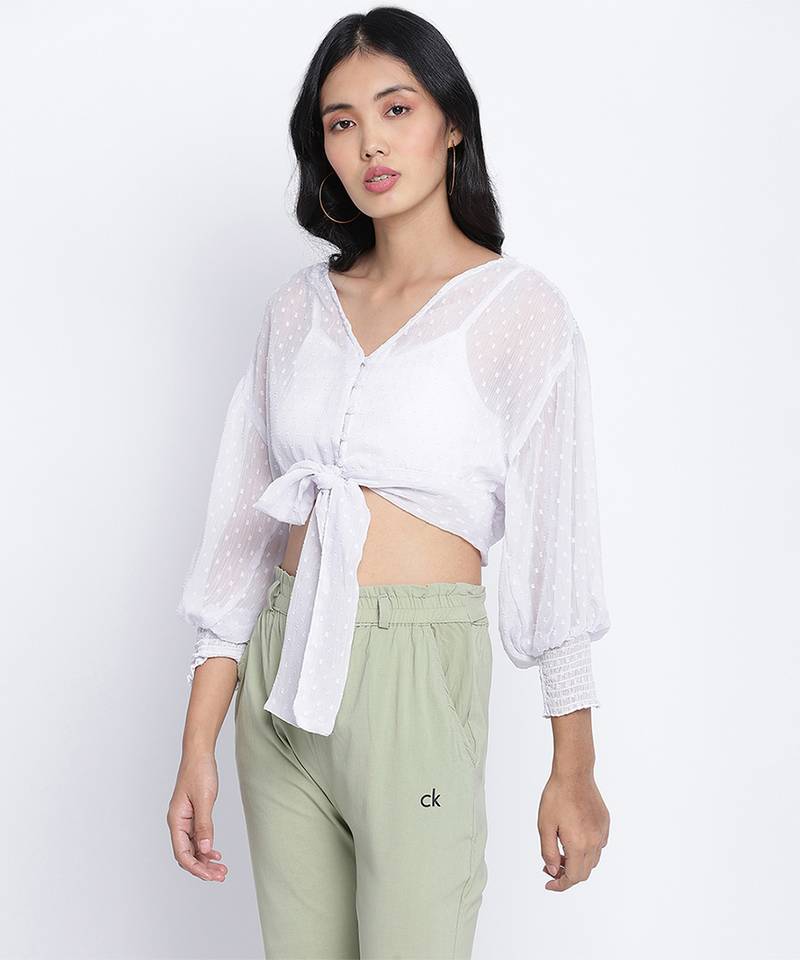 Pesto fij white women smocked Tie crop top