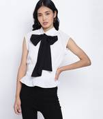 Ice white fancy women pussy bow top.