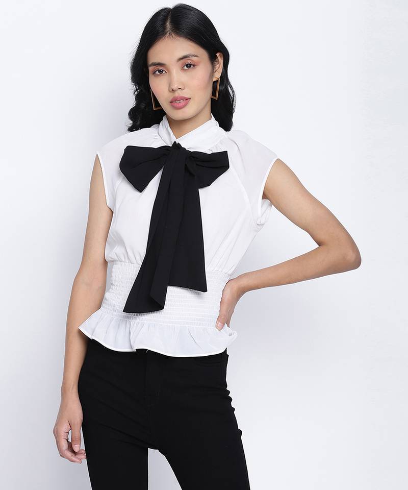 Ice white fancy women pussy bow top.