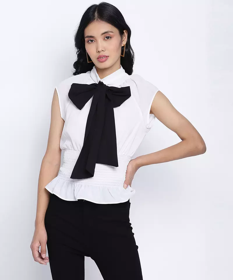 Ice white fancy women pussy bow top.