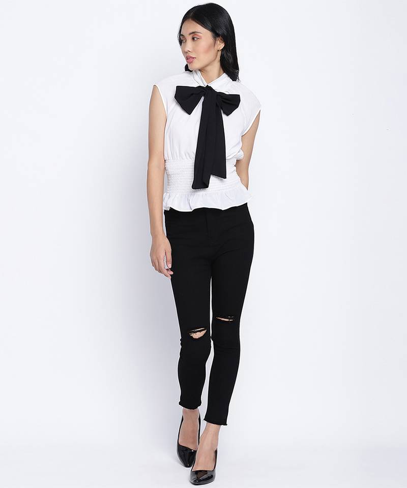 Ice white fancy women pussy bow top.