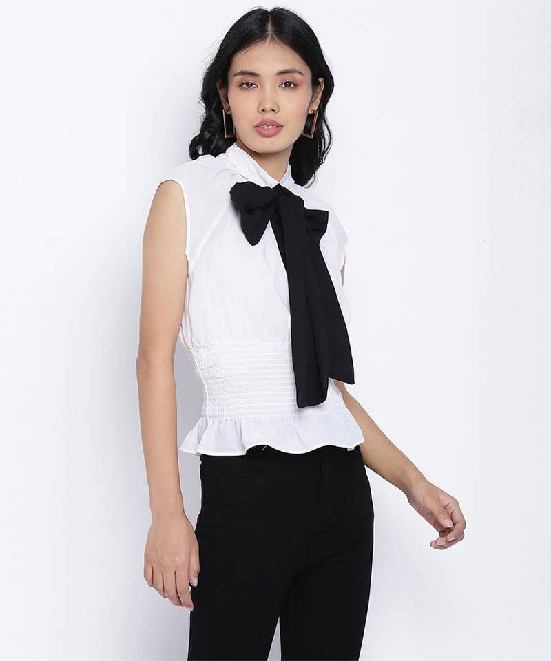 Ice white fancy women pussy bow top.