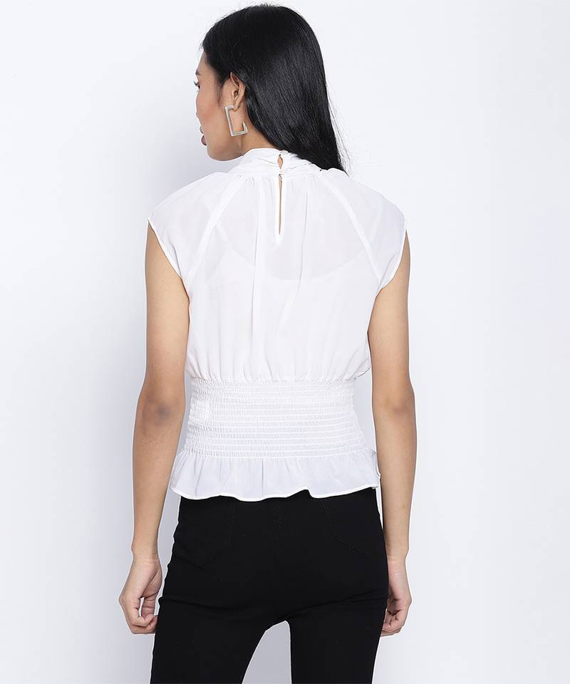 Ice white fancy women pussy bow top.