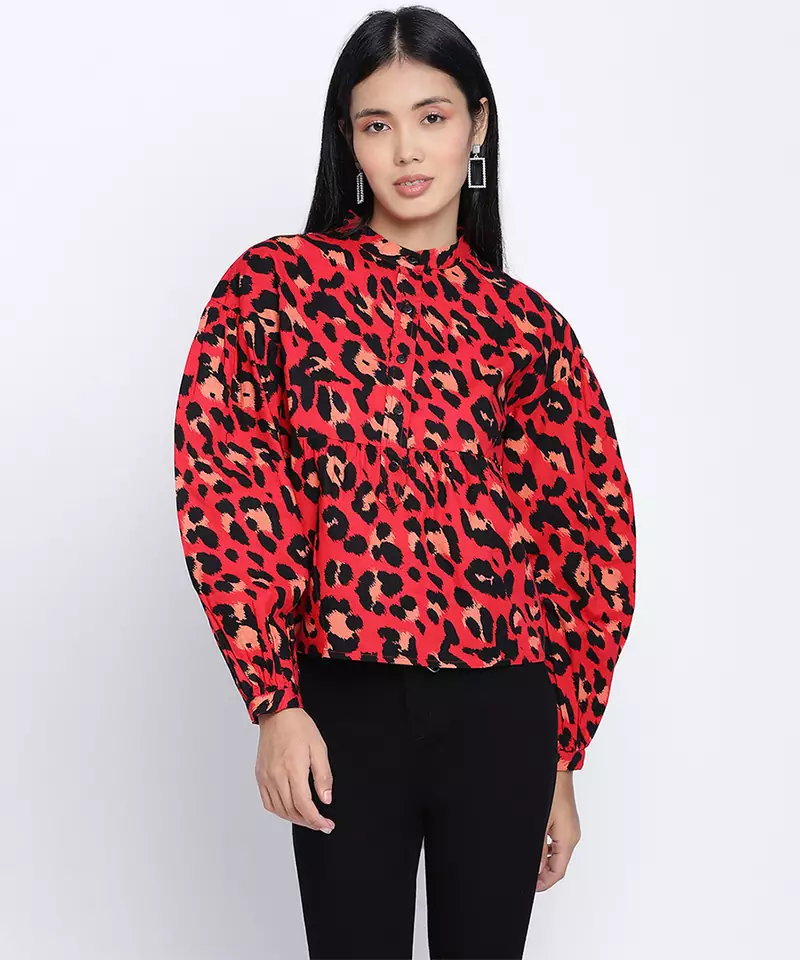 Flamed red animal printed women top