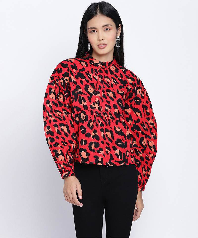 Flamed red animal printed women top
