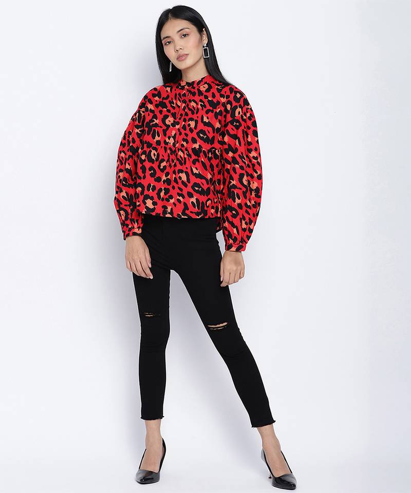 Flamed red animal printed women top