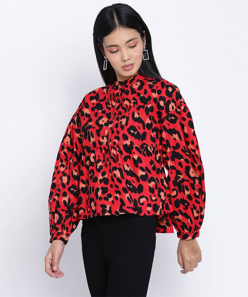 Flamed red animal printed women top