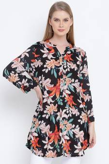 Galician black floral print casual tunic