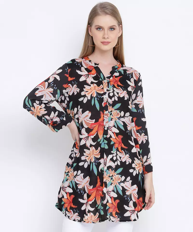 Galician black floral print casual tunic