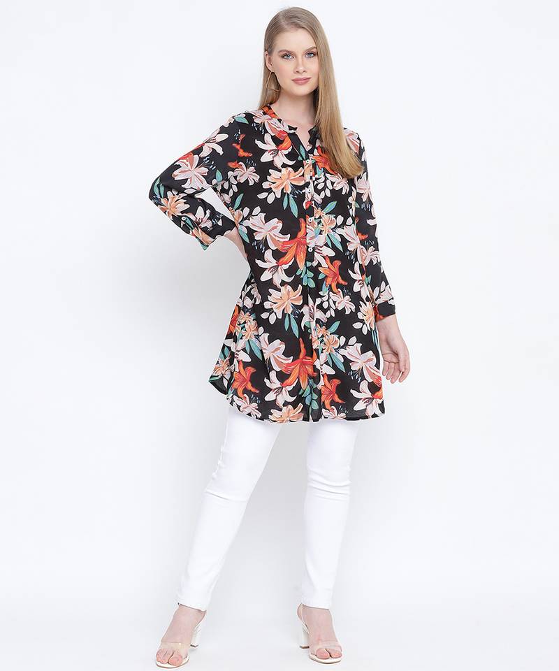 Galician black floral print casual tunic