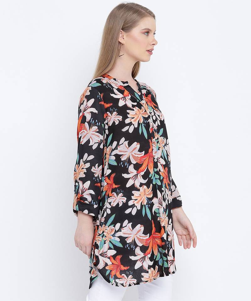 Galician black floral print casual tunic
