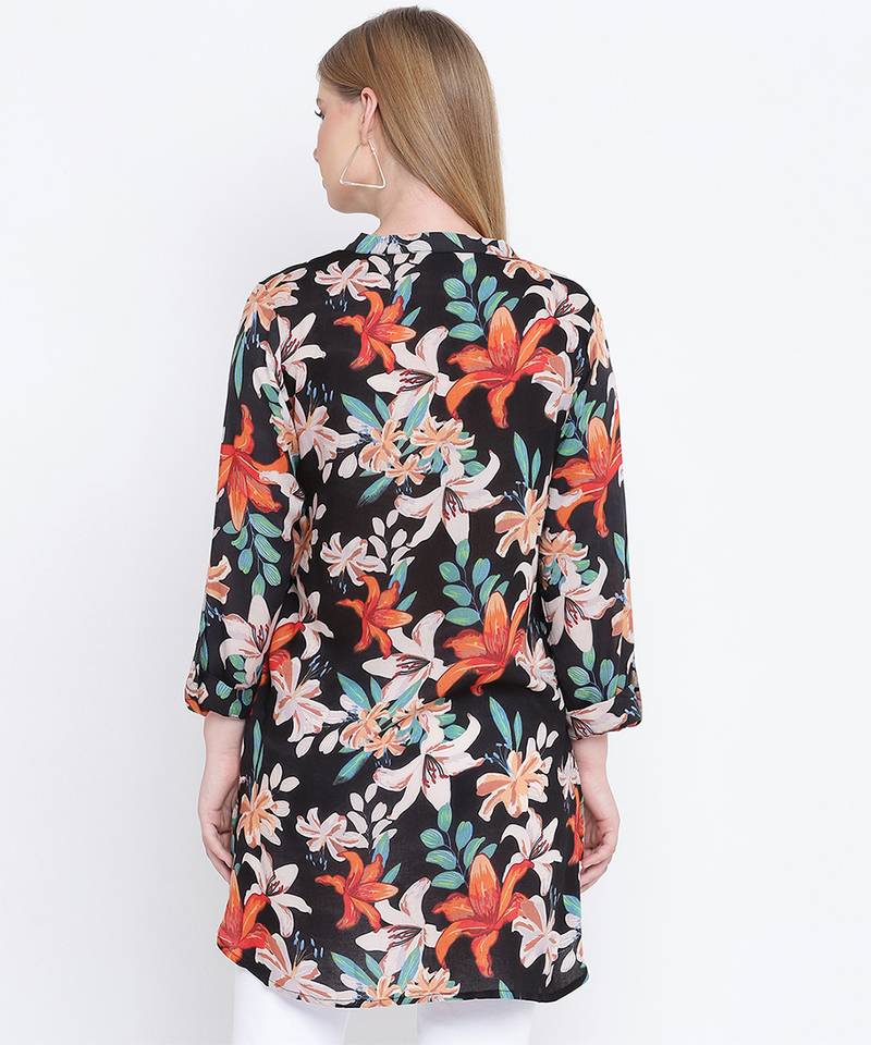 Galician black floral print casual tunic