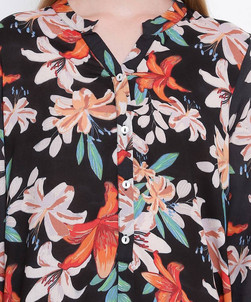 Galician black floral print casual tunic