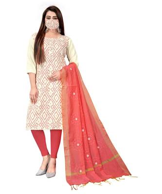 White Slub Cotton Printed Unstitched Dress Material 1