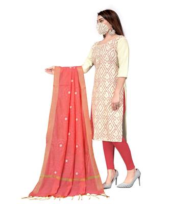 White Slub Cotton Printed Unstitched Dress Material 3