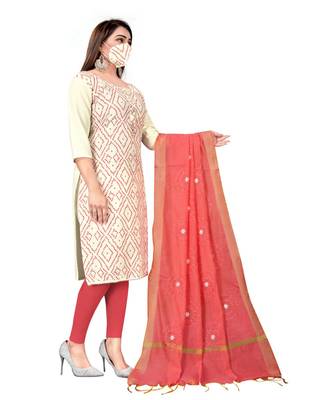 White Slub Cotton Printed Unstitched Dress Material 4