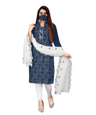Navy Blue Slub Cotton Printed Unstitched Dress Material 1