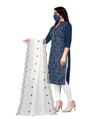 Navy Blue Slub Cotton Printed Unstitched Dress Material 3
