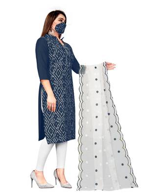 Navy Blue Slub Cotton Printed Unstitched Dress Material 4
