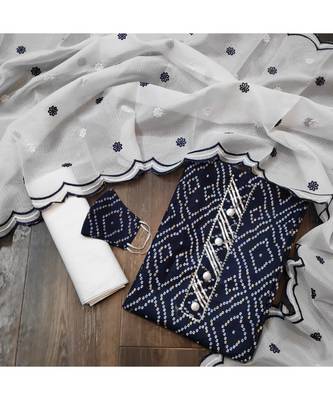 Navy Blue Slub Cotton Printed Unstitched Dress Material 5