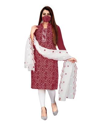 Maroon Slub Cotton Printed Unstitched Dress Material 1