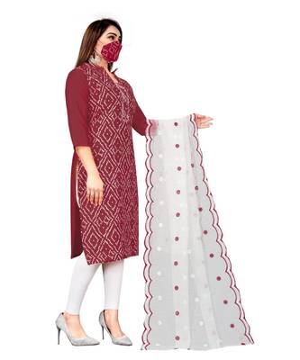 Maroon Slub Cotton Printed Unstitched Dress Material 4