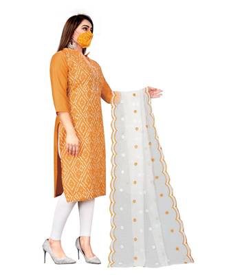 yellow Slub Cotton Printed Unstitched Dress Material 4